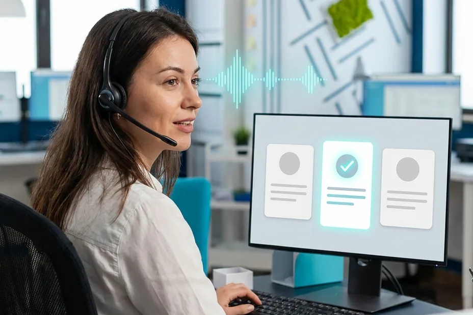 Mitarbeiterin mit Headset am Empfang, auf dem Monitor neben ihr drei Angebote im Vergleich, eines davon hervorgehoben